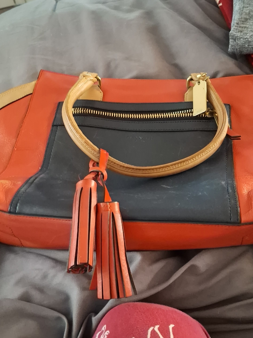 Vintage LEATHER Coach Tote Bag in Orange, Navy and Tan